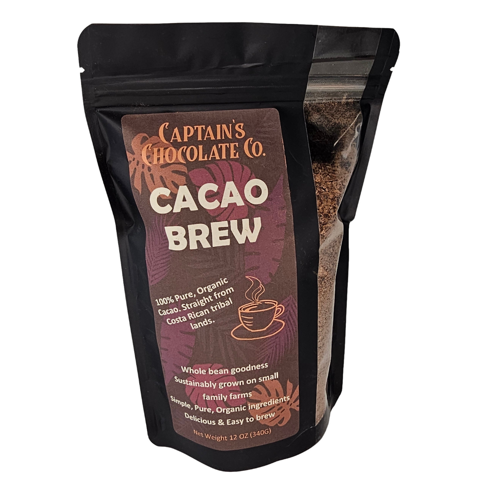 product picture of a black bag of ground cacao for brewing