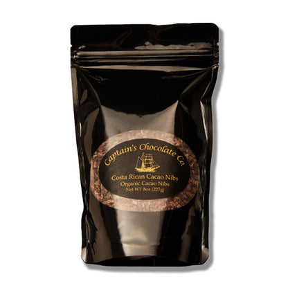 8oz bag of cacao nibs on a white background