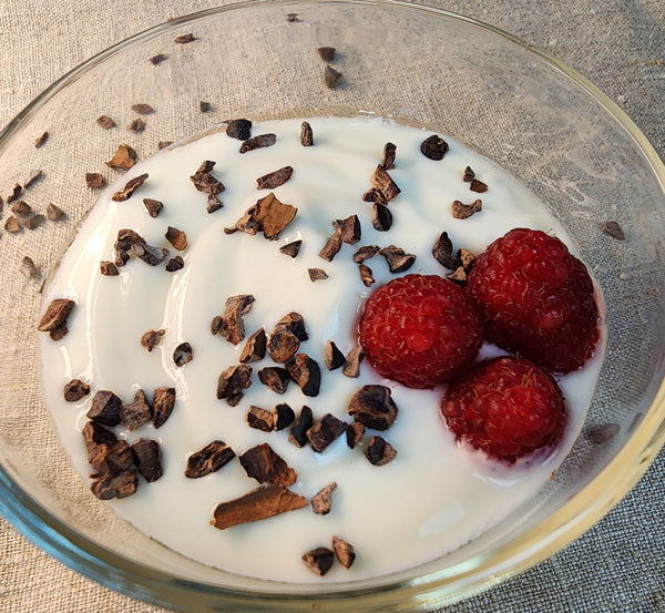 cacao nibs sprinkled on vanilla yogurt with raspberries in a glass bowl